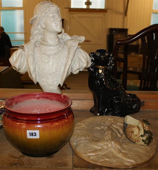 Bust, oval plaque, Staffs dog, bowl & duck